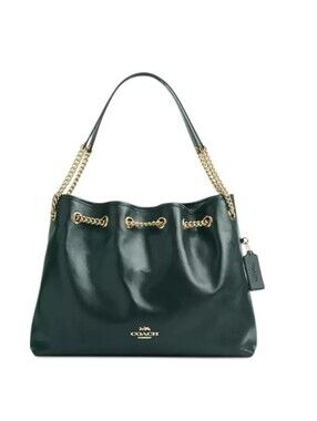 Coach Dark Green Leather Shoulder Bag with Gold Chain
